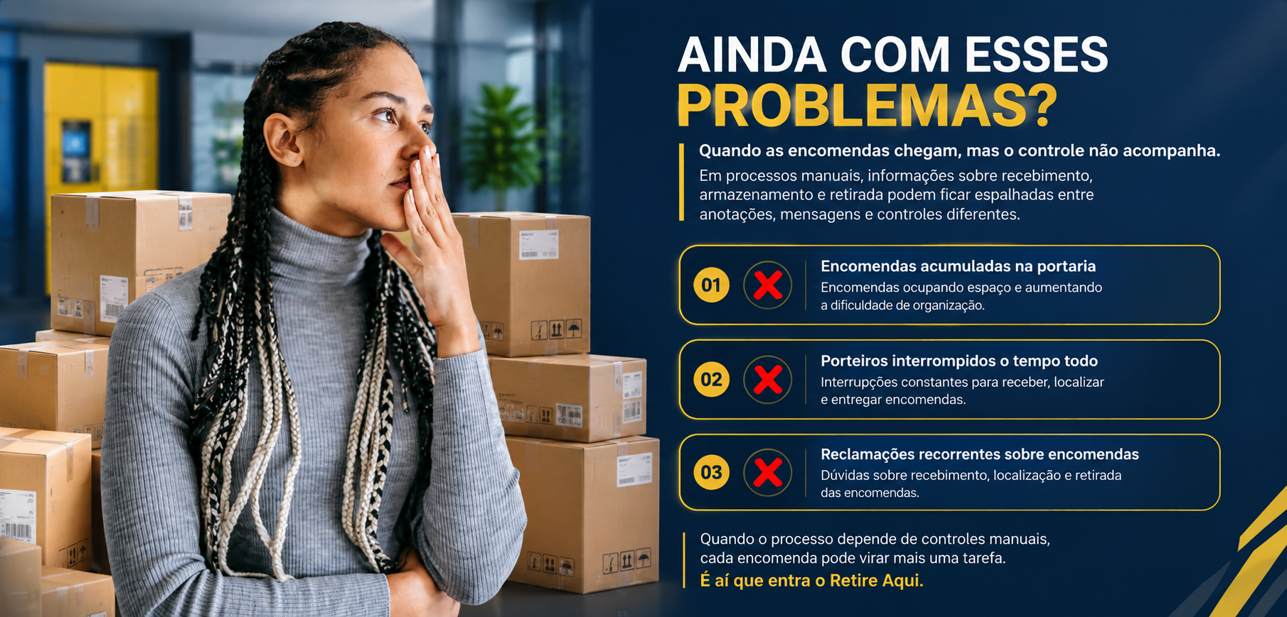 Mulher preocupada entre caixas de encomendas, com os problemas: encomendas acumuladas na portaria, porteiros interrompidos o tempo todo e reclamações recorrentes sobre encomendas